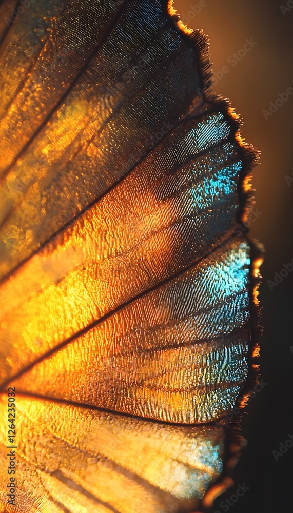 Poster Macro shot of a vibrant butterfly wing glowing under cinematic soft light, intricate textures creating dynamic artistry
