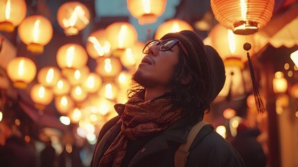 Over-the-shoulder view of a street performer illuminated by glowing lanterns, cinematic vibrant cultural storytelling