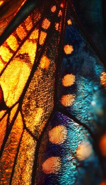 Macro shot of a vibrant butterfly wing glowing under cinematic soft light, intricate textures creating dynamic artistry