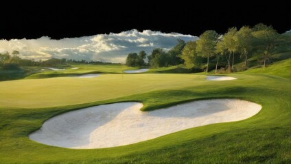 Scenic Golf Course Landscape with Rolling Hills and Trees under Sunny Blue Sky, Peaceful Serene Atmosphere