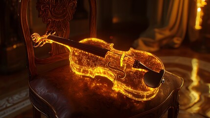 Close-up of a glowing violin resting on a wooden chair, cinematic elegance and warmth