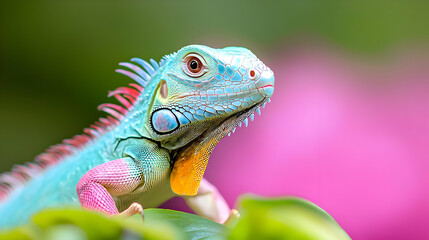 Obraz premium Blue iguana portrait, tropical garden, vibrant background, exotic pet