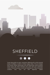 Naklejka premium Sheffield UK city template for website, presentation, front page, invitation, publication sheet with skyline, landmarks. Vector England, United Kingdom image layout, simple and grayscale