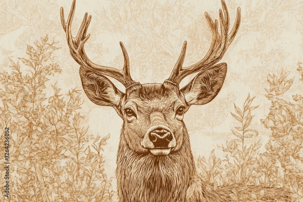 Poster engraved deer portrait with intricate line work and sepia tones featuring space for personalized tex