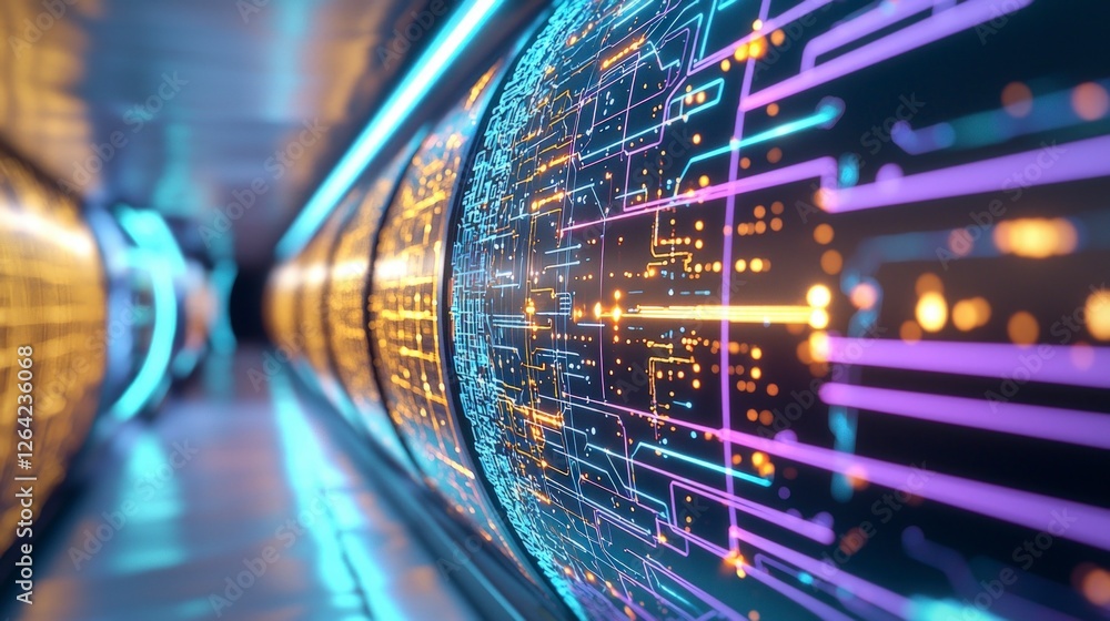 Aufkleber futuristic tunnel abstract data flow neon lights digital network technology background
