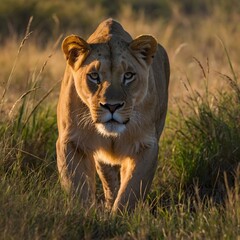 Obraz premium Panthera leo Verneyi Stalking Through Tall Grass at Dawn