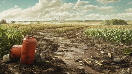 Obraz premium A field of damaged crops with chemical containers discarded nearby, emphasizing the impact of pollution on agriculture and the environment.