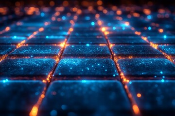 Glowing Blue Perspective Grid on Black Background.
