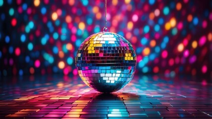 Fototapeta premium Disco Ball Party Banner with Colorful Lights and Copy Space
