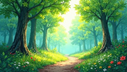Obraz premium Soft watercolor brushstrokes blend serene forest atmosphere, green, blue, forest