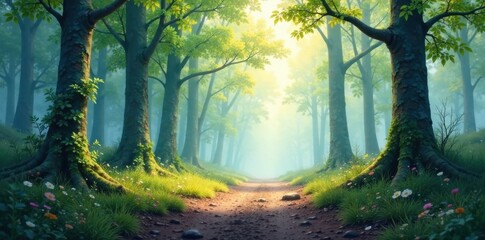 Obraz premium Soft watercolor brushstrokes on a misty forest floor, foliage, natural, watercolor