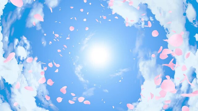 螺旋状に吹き上がる桜の花びら 青空と太陽