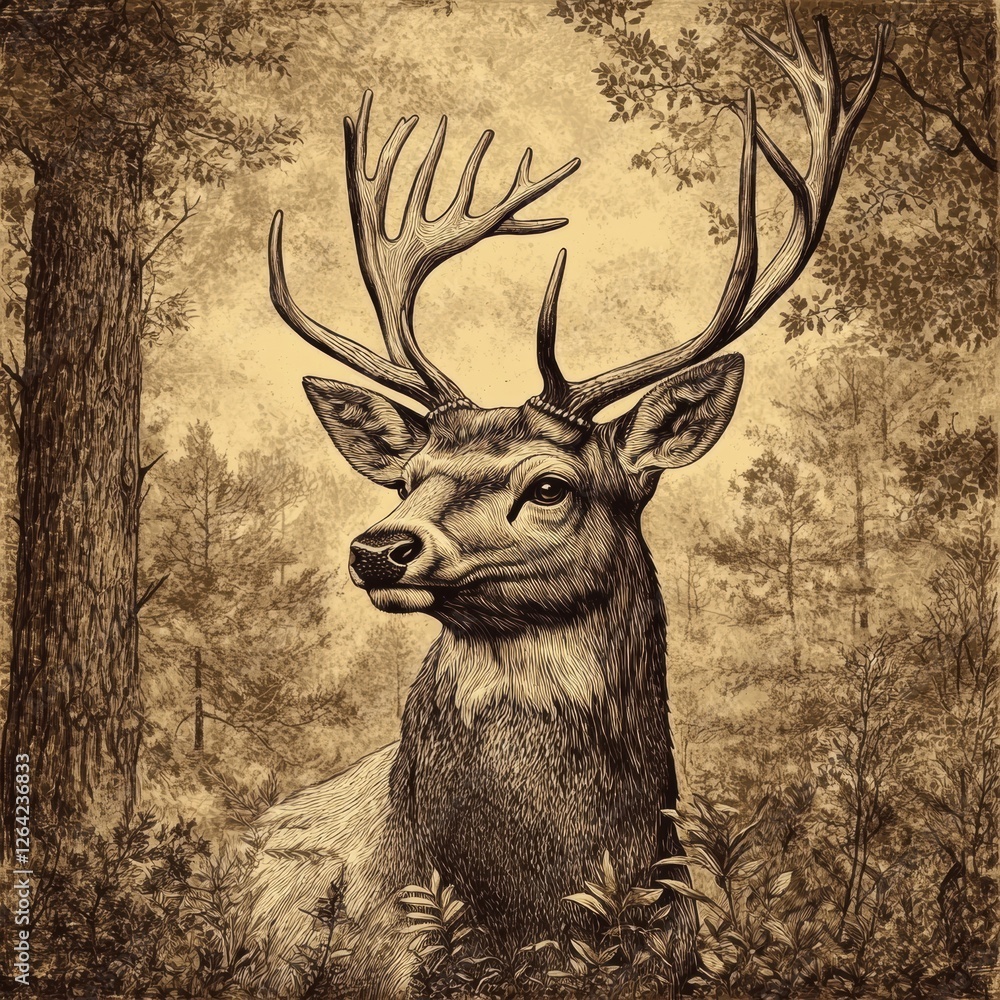 Aufkleber engraved portrait of a majestic deer showcasing intricate details and sepia tones with space for per