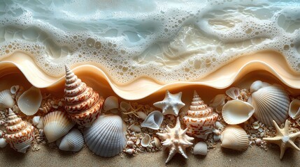 A serene beach scene showcasing various seashells along the shore with gentle waves lapping
