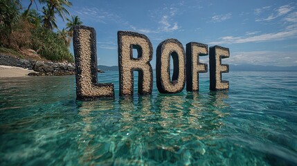 Beach scene with letters floating in water, surrounded by tropical landscape and mountains