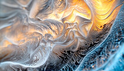 Macro shot of intricate frost patterns on a window glowing with bioluminescent colors, a small traditional village reflected faintly, cinematic cultural abstraction