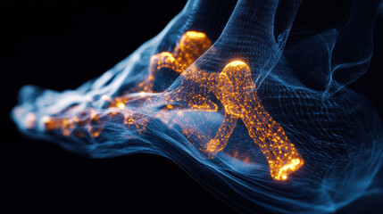 https://gemini.google.com/app?hl=ko
A close-up artistic interpretation of a human foot bones, golden glowing joints and ligaments, precise anatomical detailing