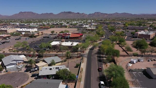 Afternoon sun shines on downtown Apache Junction, Arizona, USA.