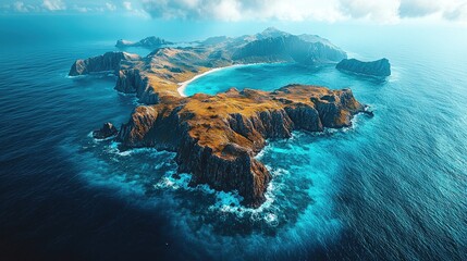 Aerial view of a remote island featuring lush greenery, sandy beaches, and vibrant blue waters