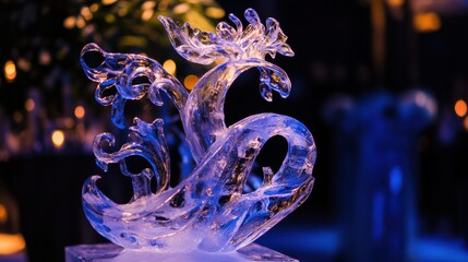 Obraz premium An elegant ice sculpture displayed at a formal event, featuring a detailed design with smooth, clear surfaces that catch the light. No logos visible on the sculpture.