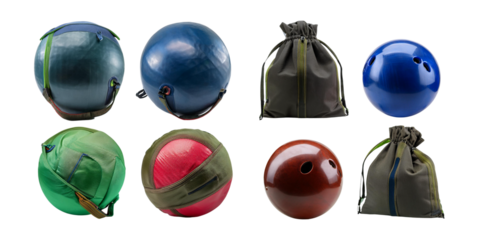 Colorful Bowling Balls and Bags on a White Background