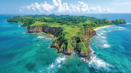 Aerial view of a lush green island with rocky cliffs and clear blue waters under a bright sky