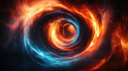 Vivid swirling cosmic vortex of blue and orange hues against a starry background, depicting energy