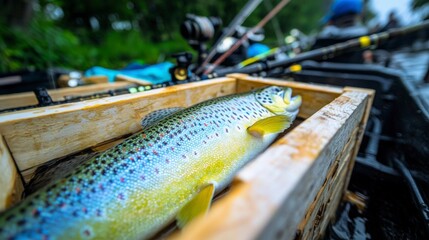 Freshly Caught Trout in Wooden Crate  Fishing  River  Nature