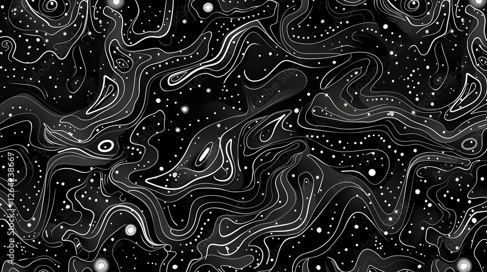 Poster abstract black and white fluid shapes with scattered stars creating a cosmic background effect