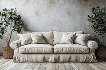 Boho-Style Living Room with Light Gray Sofa on White Wooden Floor Against White Wall.
