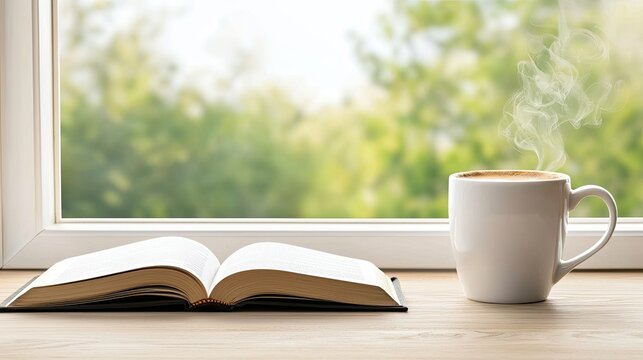 A cozy scene featuring an open book and a steaming cup of coffee on a wooden table by a sunny window with greenery in the background.