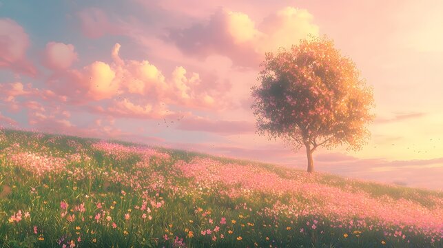A peaceful meadow bathed in soft pink and orange hues of sunset, with wildflowers blooming and a single tree standing against the glowing sky, creating a serene cinematic moment