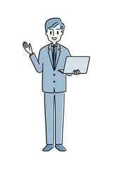 パソコンを持つ男性　ビジネスマン　全身