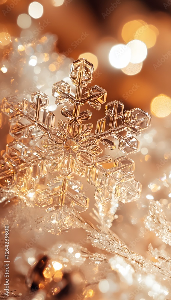 Poster Macro shot of a snowflake glowing with intricate crystal patterns, illuminated by soft cinematic light, emphasizing winter s fragile beauty