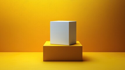 Minimalist display of a white cube on a vibrant yellow background, emphasizing simplicity and design