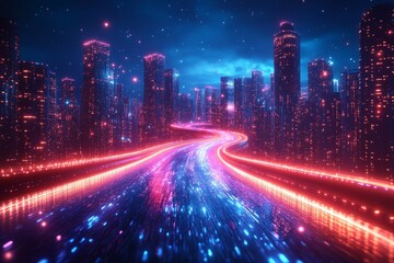 Fototapeta premium Futuristic Blue Background with Light Lines and City Skyline for Smart Urban System Concept.