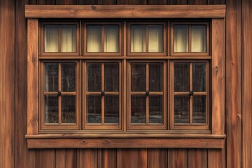 Wooden framed window displays eight panes and brown wood siding