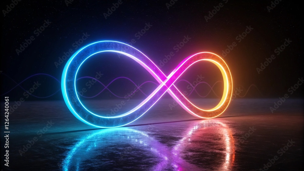 Poster 3d cycled animation of glowing lines sliding in the shape of an infinity symbol. abstract neon backg