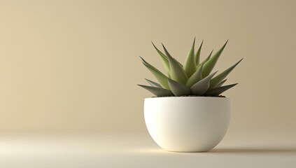Minimalist succulent in white pot on beige backdrop