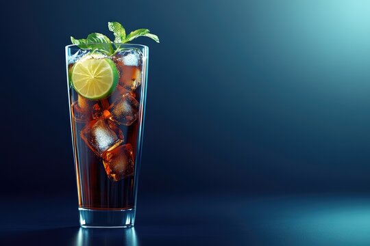  tall glass of cola with ice cubes, fresh lime, and mint garnish against a dark blue gradient background, creating a refreshing and sophisticated look. Ideal for beverage ads, summer promotions