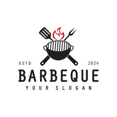 Barbeque logo design. Grill symbol with fire, spatula, and fork concept. Vintage BBQ badge vector
