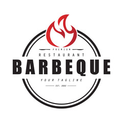 Barbeque logo design. Grill symbol with fire, spatula, and fork concept. Vintage BBQ badge vector