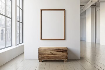 Empty frame on white wall, modern interior, city view