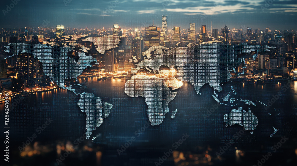 Poster digital world map made of binary code on a city background, global network concept