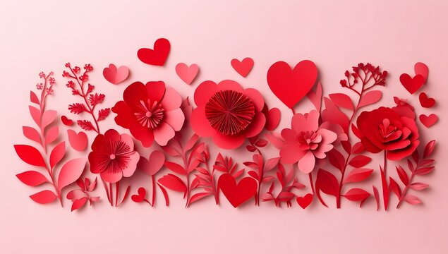 Naklejki Red Paper Flowers & Hearts on Pink Background