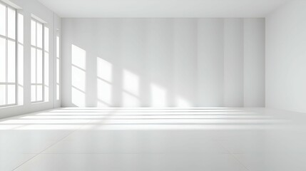 Bright White Empty Room with Sunlight Streaming Through Large Windows