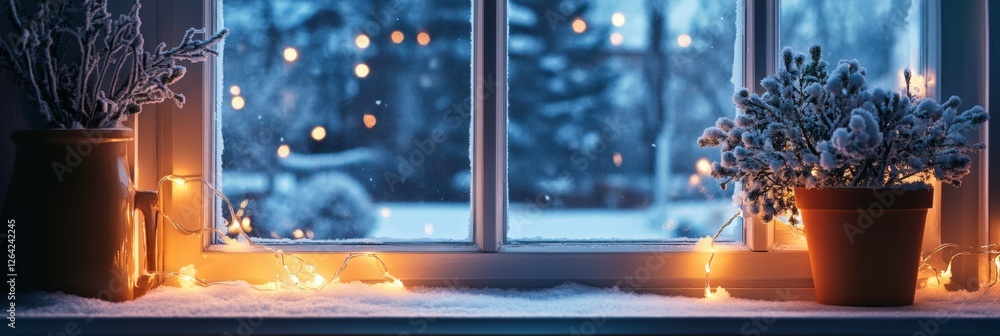 Poster cozy winter evening with snowy window view and warm lights illuminating potted plants in the foregro