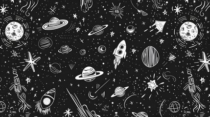 Space-themed illustration featuring rockets, planets, and stars on a black background, ideal for educational use