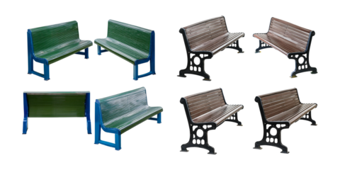Outdoor park benches in various styles and colors for urban spaces