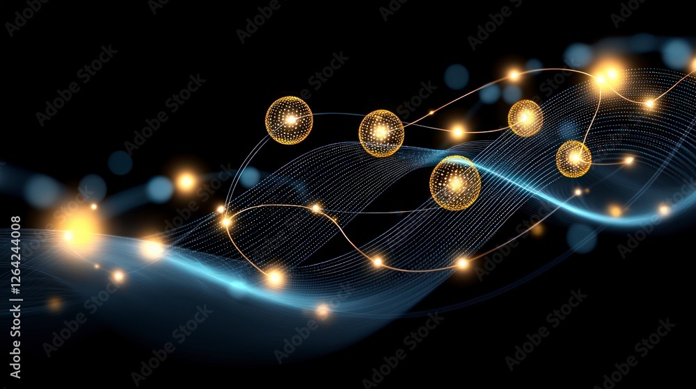 Poster abstract golden spheres network flow technology digital data wave connection futur